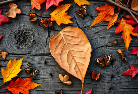 Autumn leaves and butterflies on a wooden background, top view.