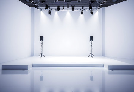 Empty white exhibition hall with spotlights and lighting equipment. 3d renderingの写真素材