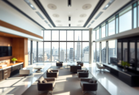 Interior of a modern office lobby with a panoramic city view