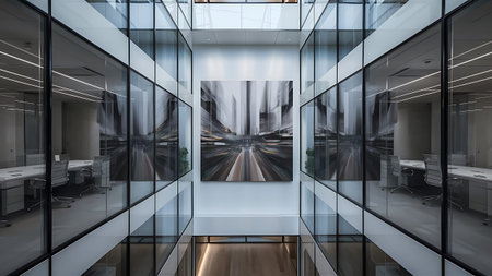 Interior of a modern office building with glass walls and white floor