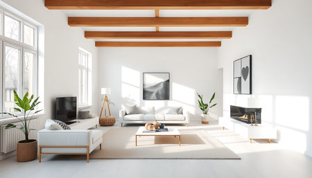 Interior of modern living room with white walls, tiled floor, white sofa and tv. 3d rendering