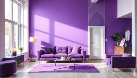 Purple living room interior with purple sofa and coffee table. 3d rendering