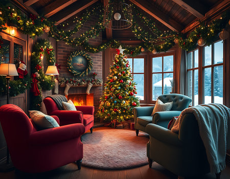 Christmas living room with fireplace, armchairs and christmas tree. 3d renderの写真素材