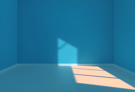 Blue empty room with shadow on the wall. 3D rendering.の写真素材