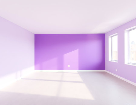 Purple empty room with window, white floor and purple wall. 3d renderingの写真素材
