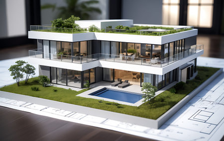 3d rendering of modern house with garden and pool. Mixed mediaの写真素材