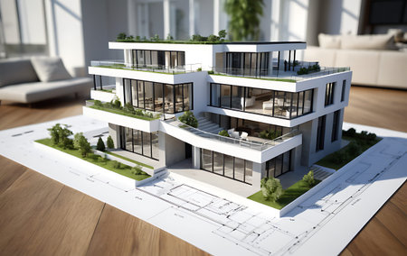 3d rendering of a modern house with blueprints on the floor