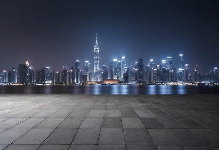 empty brick floor with modern city skyline in shanghai at night