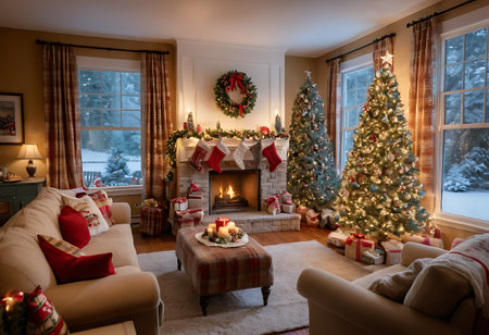 Interior of living room with Christmas tree, fireplace and comfortable sofaの写真素材
