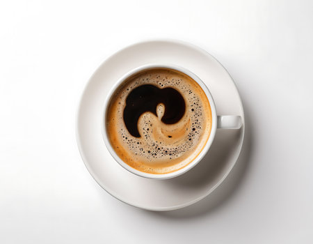 Cup of coffee on white background, top view, copy spaceの写真素材