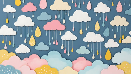 Paper art of rain drop and clouds with sky background. Vector illustration.の写真素材