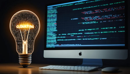 Conceptual image of light bulb with text coming out of computer screenの写真素材