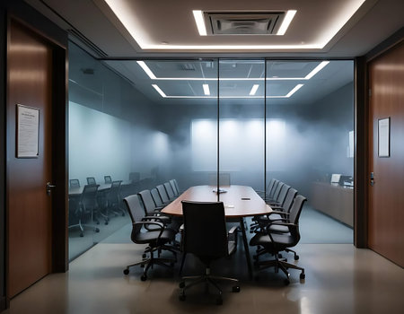 Modern conference room interior with glass walls and wooden floor. Nobody inside
