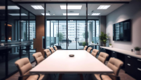 Empty meeting room with glass walls and wooden floor. Blurred background.