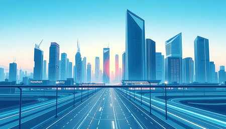 Highway with modern skyscrapers in shanghai,China.の写真素材