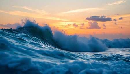 Ocean wave at sunset or sunrise. Beautiful natural background of ocean wave with splashing water.の写真素材