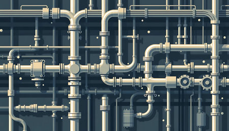 Vector illustration of a pipeline with valves and pipes on a blue background