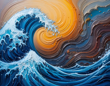 Abstract blue and orange paint splash background. Acrylic painting texture.の写真素材