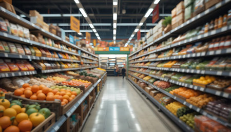 Supermarket aisle with fruit and vegetables in the foreground, blurred backgroundの写真素材