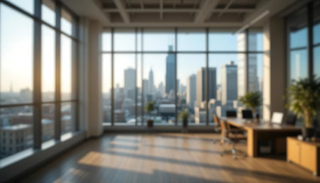 Blurred background of modern office room with panoramic window and city view.の写真素材