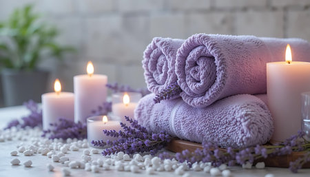 Spa and wellness setting with lavender, candles and towels.の写真素材