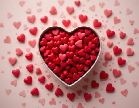 Red hearts in a heart-shaped bowl on a pink background.