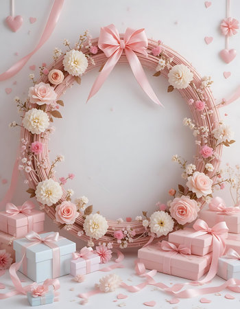 Wreath with pink flowers, gift boxes and ribbons on white backgroundの写真素材