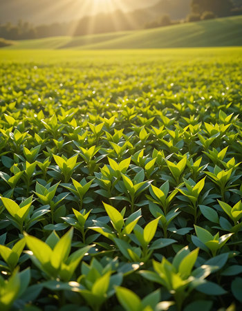 Rows of green tea plants on the field at sunset. Tuscany, Italyの写真素材