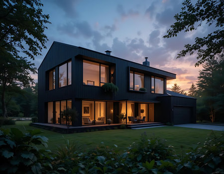 3d rendering of modern cozy house with pool and parking for sale or rent in luxurious style and beautiful landscaping on background. Clear summer night with many stars on the sky.の写真素材
