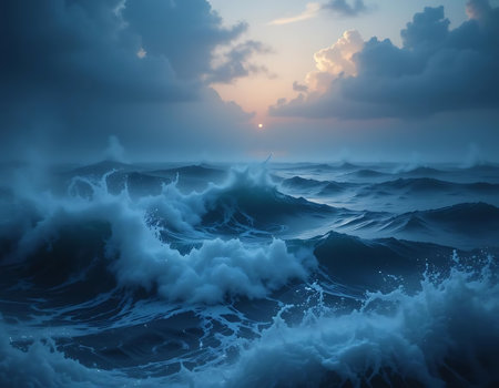 Beautiful seascape with waves and sunset. 3d renderingの写真素材