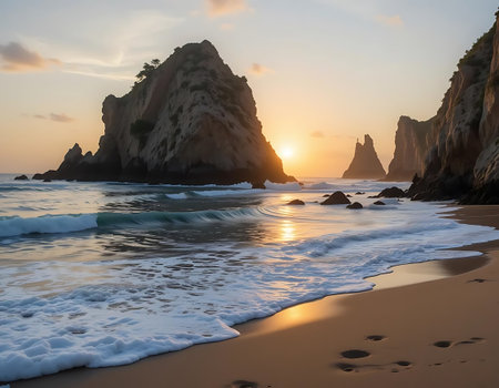 Sunset at the beach of Ponta de Sao Lourenco, Portugalの写真素材