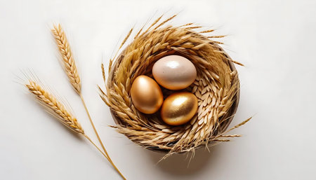 Easter eggs in a nest with ears of wheat on a white backgroundの写真素材