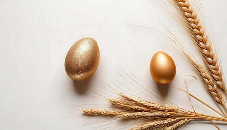 Easter composition with golden eggs and ears of wheat on white background.の写真素材