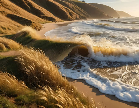 Waves breaking on sand dunes on the beach at sunset.