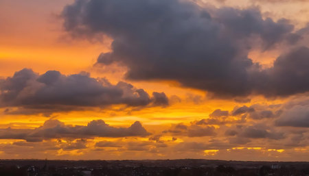 Beautiful sunset sky with clouds. Panoramic view of the city.の写真素材