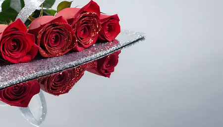 Red roses on a mirror isolated on white background. Valentines dayの写真素材