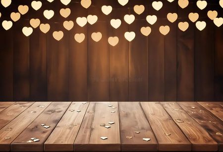 Wooden table and hearts bokeh background. Valentines day conceptの写真素材