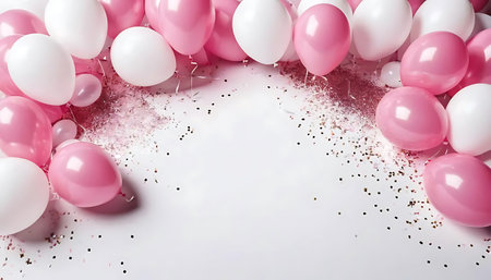 Pink and white balloons and confetti on white background. 3d renderingの写真素材