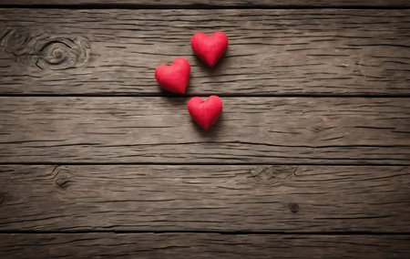 Valentine's day background with red hearts on old wooden board