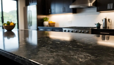 Closeup of black granite countertop in modern kitchen with blurred background