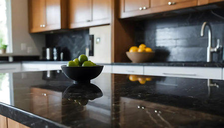 Limes in black bowlle countertop in modern kitchen interiorの写真素材
