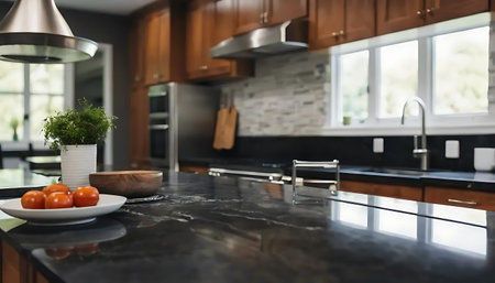 Modern kitchen interior with black marble countertop, sink and sink.の写真素材
