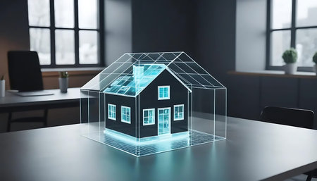 3D rendering of a house hologram on a table in an officeの写真素材