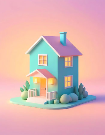 3d render of a house with a blue roof and a green lawn on a pink backgroundの写真素材