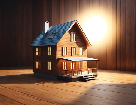 3d render of house on wooden planks with sun and flareの写真素材
