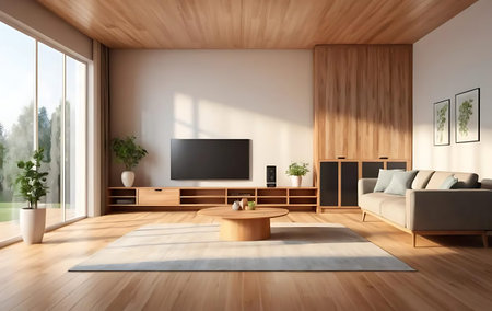Interior of modern living room with wooden walls, wooden floor, comfortable sofa and tv. 3d...
