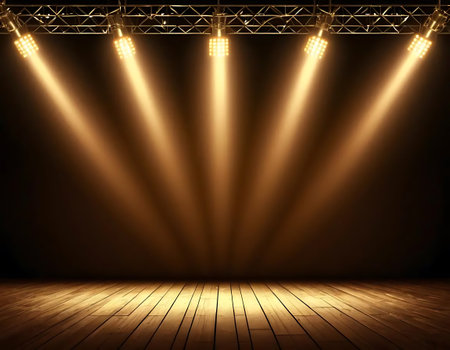 Spotlights on stage with wooden floor. Vector background for your designの写真素材