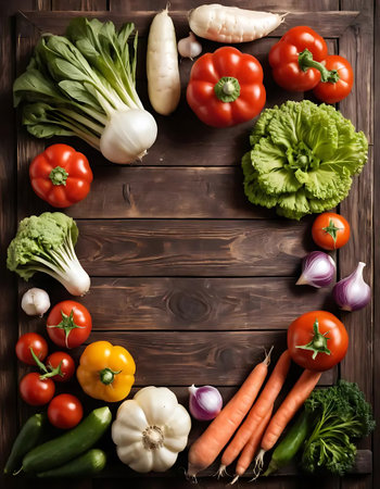 Frame of fresh vegetables on wooden background. Top view with copy spaceの写真素材