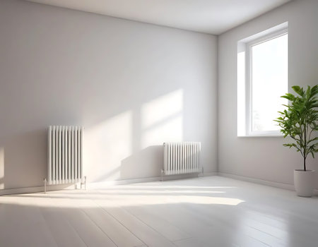 3d rendering of a white room with a crib and a plantの写真素材