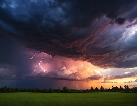 Thunderstorm and lightning over the rice field at sunset. Nature background